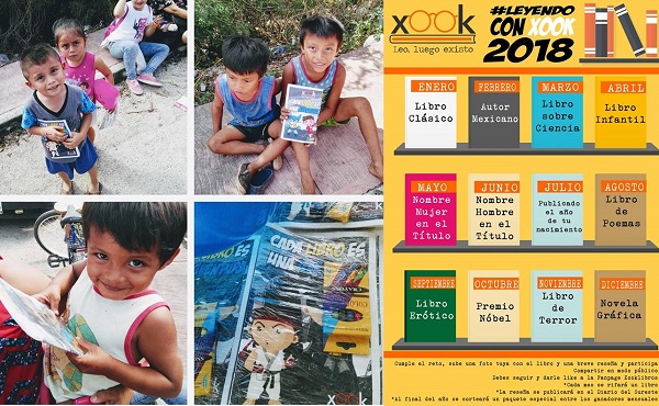 ‘Xook’ presente en San Antonio Xluch III, de la ciudad de Mérida, durante la entrega de juguetes a los chavitos de esa colonia del sur profundo. A la derecha, la promoción para incentivar a nuevos lectores.